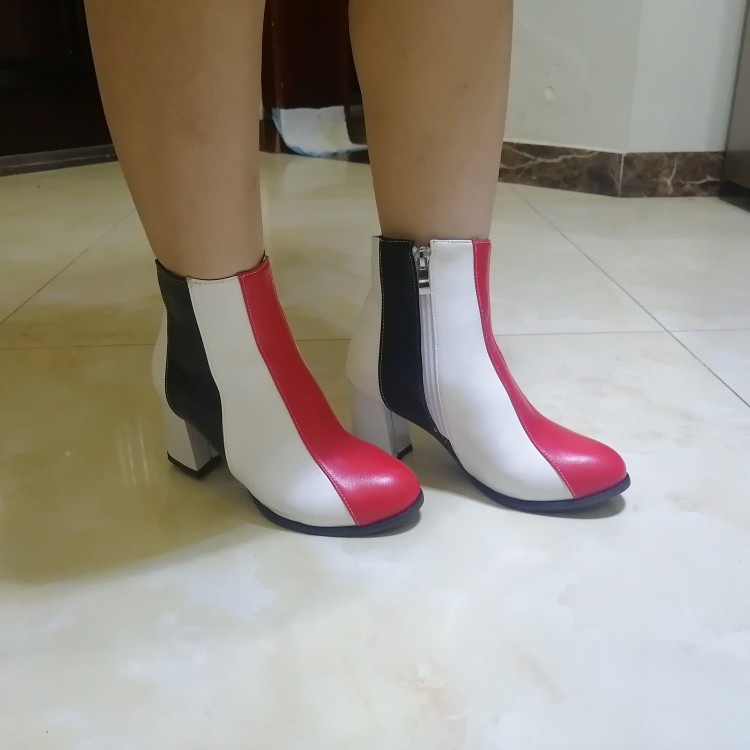 Red PU Round Toe Flat Short Fashion Boots - Image 4