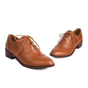 Women's Fashion Flat Shoes Casual Round Toe Lace-Up Hollow Out Chunky Heel