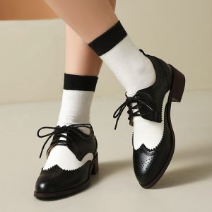 Women's Fashion Flat Shoes PU Round Toe Color Block Low Cut Mid Heel Square Heel Spring 2025