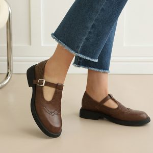 Women's Retro Flat Shoes PU Upper Rubber Sole Square Heel Round Toe One-Strap Buckle