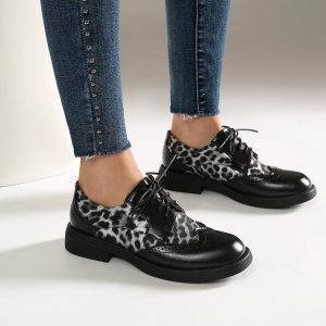 Women's Fashion Flat Shoes in Gold or Silver with Leopard Print Square Toe