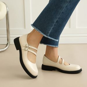 Women's Fashion Flat Shoes PU Rubber Sole French Style Round Toe One-Strap Buckle