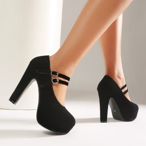 Women's Fashion Flat Shoes PU Upper Rubber Sole Round Toe Buckle Strap Black